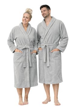 Velours-Baumwolle Bademantel – Reliefmuster Karo - hellgrau