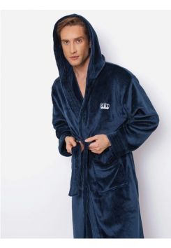 Blauer Kapuzen-Bademantel mit aufgestickter Krone - Fleece