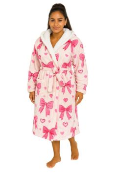 Damen-Bademantel mit Kapuze - Beige Fleece mit rosa Schleifen und Herzchen