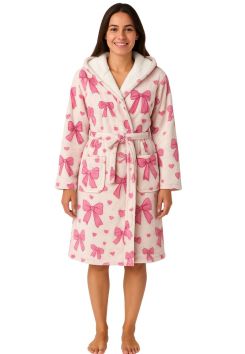 Damen-Bademantel mit Kapuze - Beige Fleece mit rosa Schleifen und Herzchen