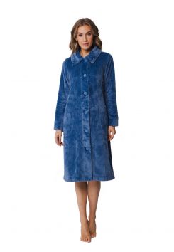 Fleece Damenbademantel mit Knöpfen – Blau - Pastunette