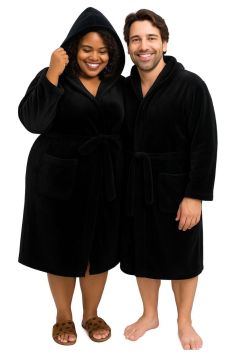 Große Größen - Schwarzer Fleece Bademantel mit Kapuze