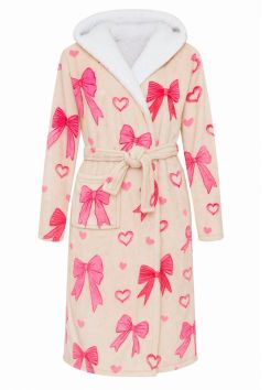 Damen-Bademantel mit Kapuze - Beige Fleece mit rosa Schleifen und Herzchen