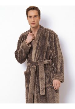 Extralanger Herren-Kimono in Farbe Taupe – Fleece – Relief-Muster - Aruelle