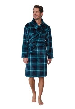 Luxus Herrenbademantel Karo – Blau – Fleece - Pastunette