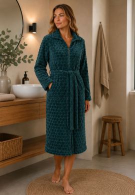 Damen Bademantel aus Fleece mit Reißverschluss – Grün