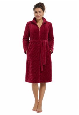 Damen Bademantel aus Fleece mit Reißverschluss – Dunkelrot