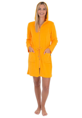 Kurz Bademantel mit Reißverschluss und Kapuze – Damen Bademantel Ockergelb