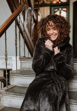 Damenbademantel Fleece schwarz/donkergrau mit Kapuze - Charlie Choe