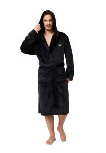 Schwarzer Kapuzen-Bademantel mit aufgestickter Krone - Fleece