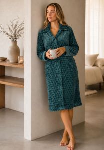 Damen Fleece-Bademantel mit Knöpfen - Grün