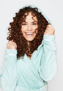 Damenbademantel Fleece azurblau mit Kapuze - Charlie Choe