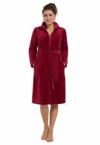 Damen Bademantel aus Fleece mit Reißverschluss – Dunkelrot