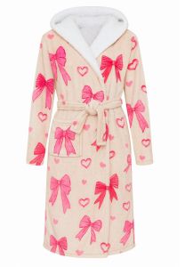 Damen-Bademantel mit Kapuze - Beige Fleece mit rosa Schleifen und Herzchen