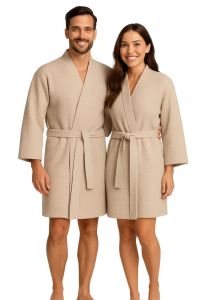 Kurzer Kimono aus 100 % Waffelbaumwolle – Sand / Hellbeige