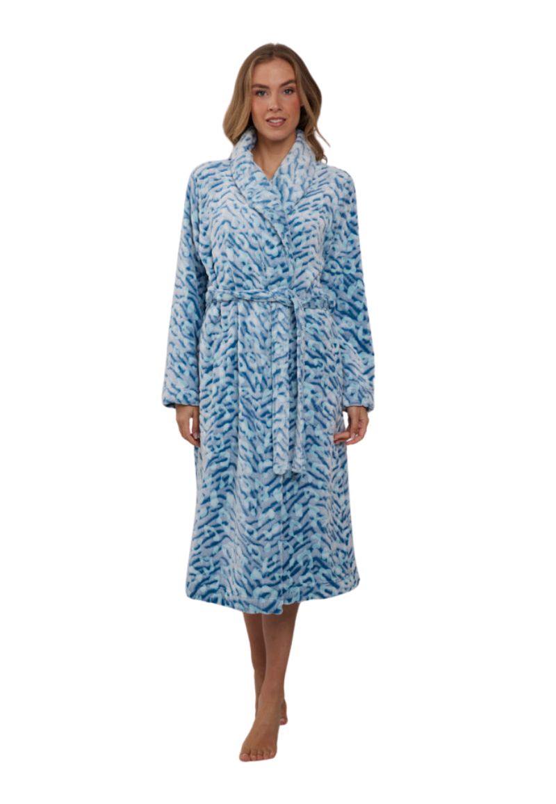 Pastunette Dierenprint badjas dames - turquoise - fleece-(40-42) M - Blauw | Gr. (40-42) M