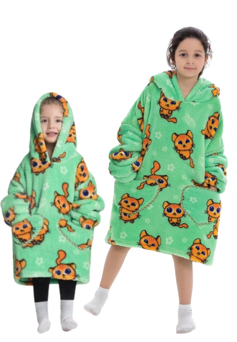 Comvie Katjes deken kind met capuchon - fleece poncho-98 t/m 128 (ca.3-7 jaar) - Groen | Gr. 98 t/m 128 (ca.3-7 jaar)