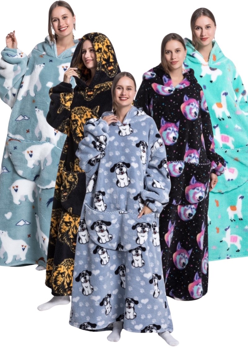 Badrock Extra lange draagbare deken met capuchon & mouwen - animalprint-katjes - Katjes