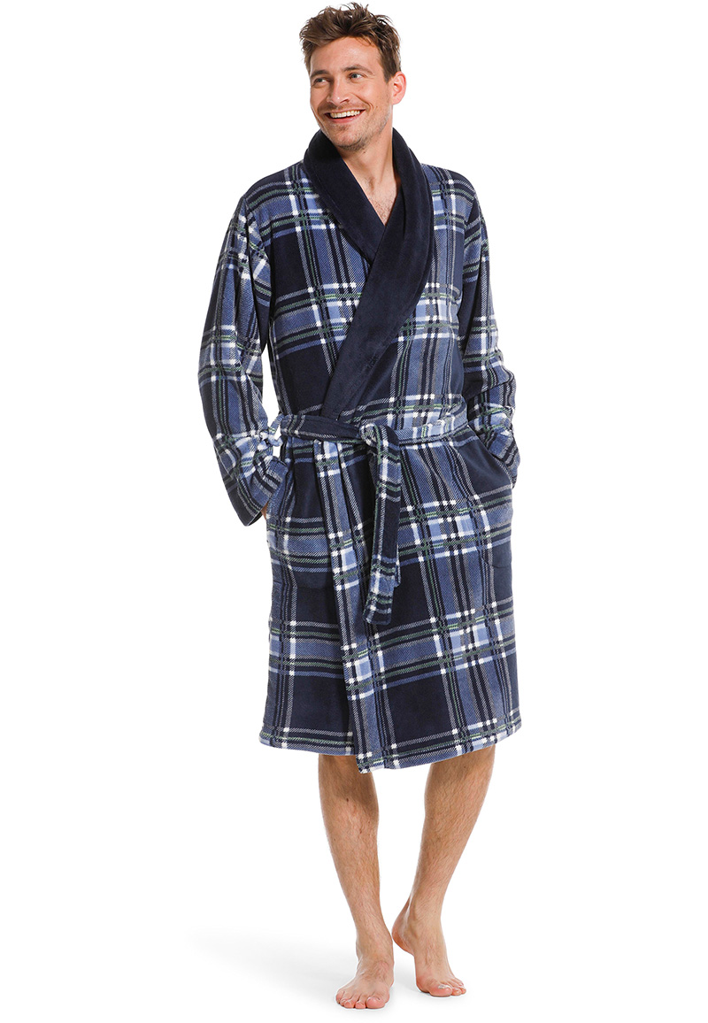 Pastunette Zachte herenbadjas ruit blauw - fleece-S- 48 - Blauw | Gr. S- 48