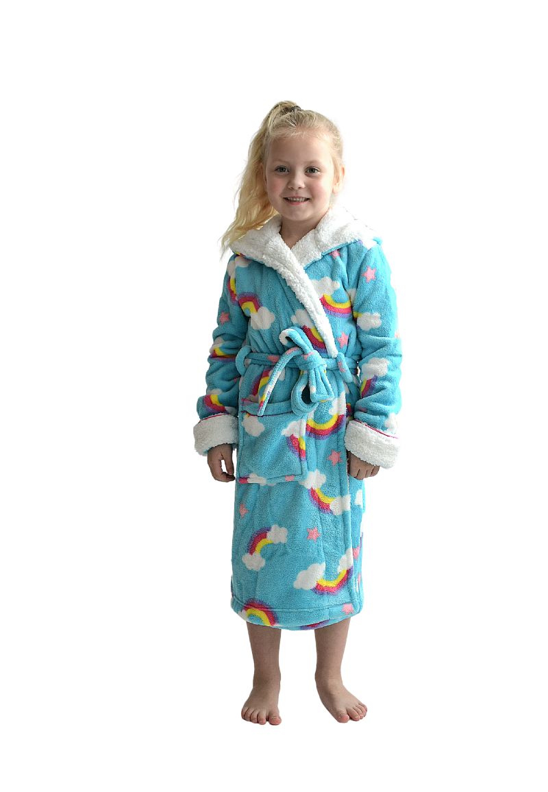 Pastunette Kinderbadjas regenboog met capuchon - luxe fleece-176 - Aquablauw | Gr. 176